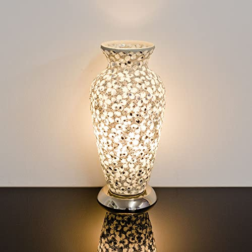 Design By Pepper Tile Mirror Glass Crackle Table Light Mosaic Vase Lamp with Chrome Base for Bedroom Kitchen and Lounge (White Flower)