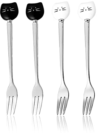 Ensemble de 4 fourchettes à thé en acier inoxydable, têtes de chat, fourchettes de chat, fourchettes mignonnes, fourchettes à dessert pour crème glacée, pour fruits, salades, desserts (noir, blanc)