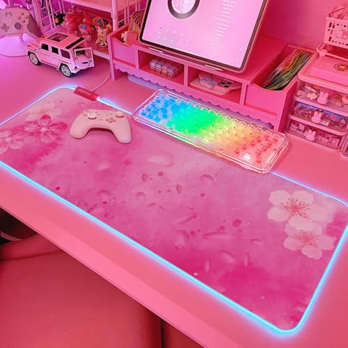 JMIYAV Sakura Rosa RGB Gaming Mauspad Led Erweiterte Groß Schreibtischunterlage Rutschfester Gummi XL XXL Pink Gaming Mousepad Großes Mouse Pad Mouse Mat für Gamer 800x300 mm Flowers