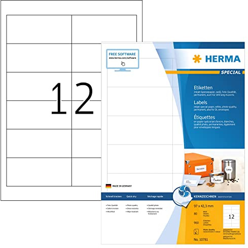 HERMA 10781 Adressetiketten für Inkjet Drucker, 80 Blatt, 97 x 42,3 mm, 12 pro A4 Bogen, 960 Stück, selbstklebend, bedruckbar, matt, blanko Adressaufkleber Etiketten für Tintenstrahldrucker, weiß