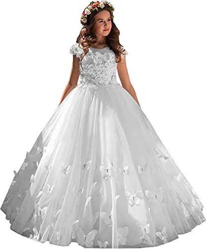 Fuomomo Vestido de Chica de Flores de Encaje con Cuentas de Mariposa Vestido de Dama de Honor de cumpleaños Retro Vestido de Baile Vestido de Fiesta para niñas Puffy, Blanco, 14