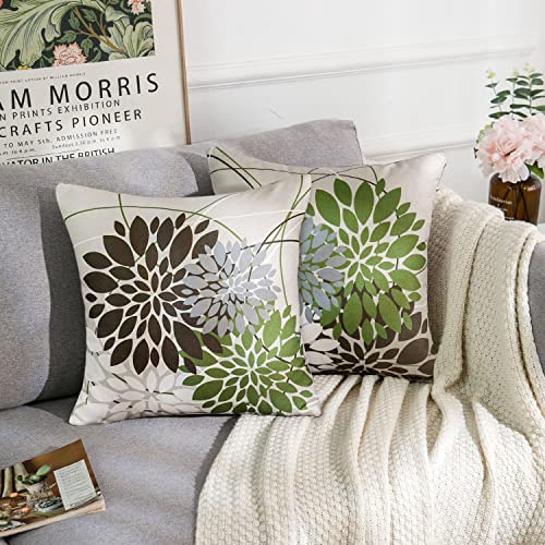 RYBornament Braun und Grün Kissenbezug 45x45 Kissenbezüge Leinen Kissenhülle Geometrisches Blumen Kissen Moderne Kissenbezug 2er Stück Kissenhüllen Passend Für Wohnzimmer Garten Kissen Dekor