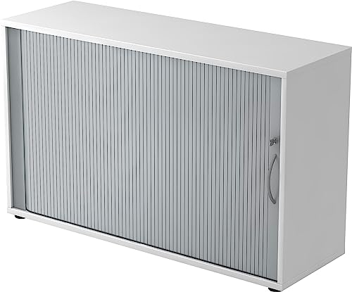bümö Aktenschrank abschließbar mit Rollladen, Rollladenschrank für Ordner & Co. - Büroschrank mit Rollo, abschließbarer Ordnerschrank aus Holz in Weiß/Silber mit Bogengriff