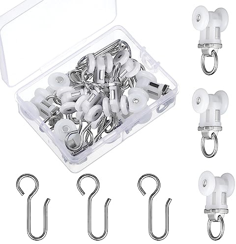 Barydat 20 Set Curtain Track Roller Hooks 0.59 inch Diameter Curtain Rail Ceiling Gliders Set Dual Wheel Roller Carriers for Ceiling Mounted Track with Stainless Steel Hooks