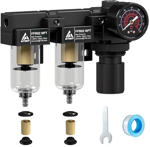 ATINY Essiccatore ad aria compressa NPT da 1/4 di pollice,Combinazione filtro regolatore di pressione dell'aria,Essiccatore filtro compressore d'aria,Cartuccia filtro da 5 e 5 Micron, Scarico