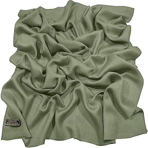 CJ Apparel Châle Népalais Vert Sauge, Taille Unique, Franges, Écharpe, Pashmina, Fabriqué à la Main au Népal