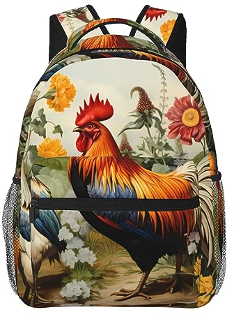 EVANEM Student Seesack, Mode Gedruckt Wasserdicht Casual Rucksack, Bunte Happy Birthday Cupcakes 14 Zoll Laptop Rucksack mit seitlichen Netztaschen für Schule, Arbeit, Reisen, Wandern, Hühner und