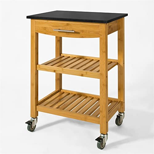 Pimex Trolley Kitchen Storage Trolley Cart Island with Black Granite Top Kitchen Cart Granite Work Surface (D L58 x W40 x H85cm)