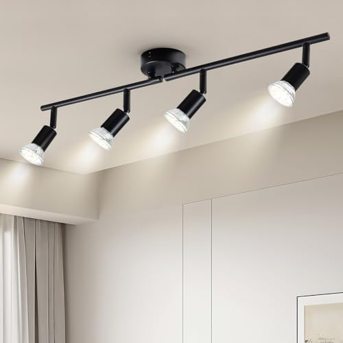 Doughelec Faretti LED da Soffitto 4 Luce Nero - Lampada da Soffitto Orientabili Plafoniera Faretto da Parete Moderna GU10 Luci da Soffitto per Soggiorno Corridoio Camera Cucina, Lampadina Non Incluse