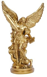 San Miguel Arcangel Statue St. Michael – besiegte Luzifer Trampeln Dämon Harz Kampf Engel Skulptur Sammlerstück religiöse Figuren Dekor (Gold)