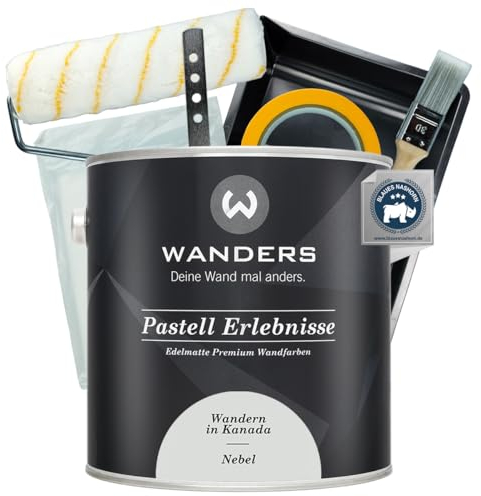 Wanders Pastell Erlebnisse Wandfarbe 2,5L (Nebel, Grau) inkl. Streichset Basic – Premium Kreidefarbe, Leichte Anwendung, Hochdeckend, Ultramatt, Perfekt für Heim-DIY