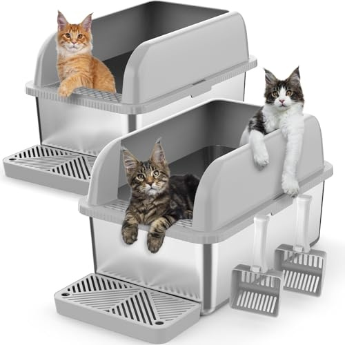 Suzzipaws 20,3 cm Tiefe Geschlossene XL Edelstahl-Katzentoilette mit Deckel | Hochwandige auslaufsichere Edelstahl-Katzentoilette, nicht klebrig, leicht zu reinigen für Mehrkatzenhaushalte, 2er Pack