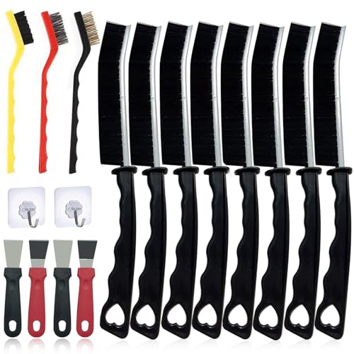 Hartborsten Eckenreinigungsbürste Set, Spaltreinigungsbürste und Fugenbürste mit 8 Stück Premium Fugenreinigungsbürste & 3 Drahtbürste & 4 Scraper Küche& 2 Klebehaken für Badezimmern Küchenspülen