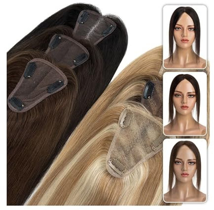 FUHAI-666 Haartopper für Frauen, Glattes Echthaar-Topper, Handgehäkelte Haarteile, 8 x 10 cm, Mittelteil, Feine Mono-Top-Basis, Damen-Topper mit 3 Clips für Frauen mit Dünner werdendem Haar