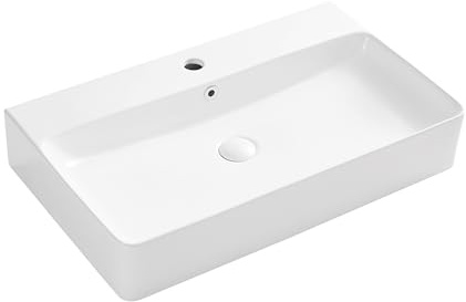 Eridanus Glossy White Ceramic Basin with Overflow, Rectangular Wall-Hung Sink for Countertop Installation, Vitreous China Square Washbasin for Cloakroom Vanities, Vessel Sink 710 x 420 x 130mm