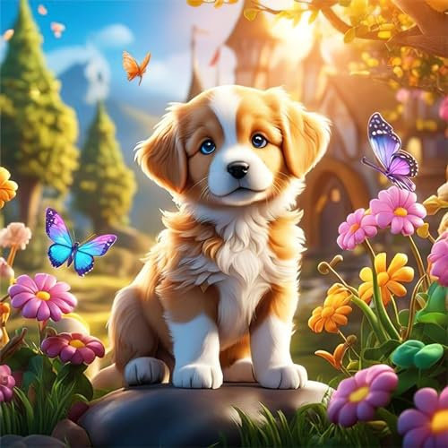 HEIBAGO Hund Diamond Painting Für Anfänger, 5D Blume Full Drill Diamant Painting Erwachsene, DIY Cross Embroidery Diamant Kunst Sets Tiere Diamond Art Bilder Für Wanddekor 30 * 30cm
