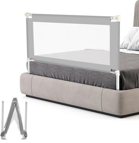 Fiqops Bettgitter Rausfallschutz Klappbar 150cm,Bettschutzgitter faltbar Kinderbettgitter Reise,Nagelfreie Montage Fallschutz Bett für Kleinkinder Baby bettgitter,Grau