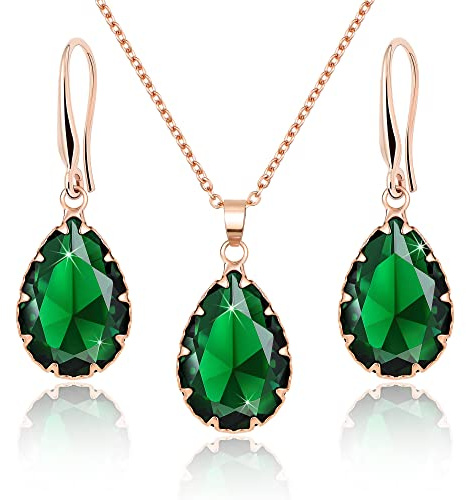 Linawe Set di gioielli verde smeraldo Set di gioielli per donna, collana a catena con ciondolo in smeraldo, orecchini pendenti da donna in oro rosa, gioielli di moda gioielli da sposa