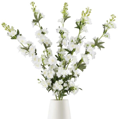IPOPU White Flower Larkspur Artificial Flowers 5PCS Faux Delphinium Silk for Vase, Decoration, Floral Centerpieces, Wedding Table, Home Decor