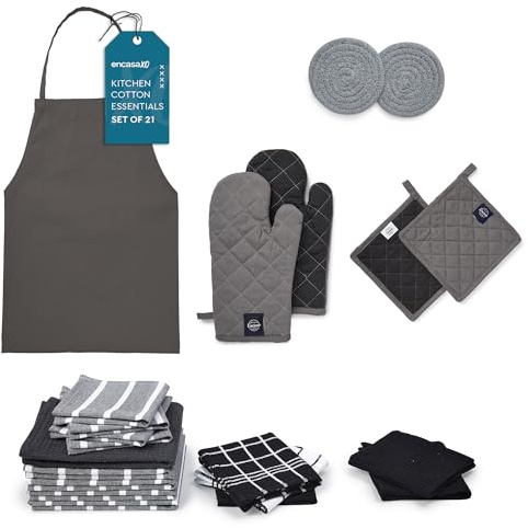 Encasa XO Küchen- und Geschirrtücher – Ofenhandschuhe – Topflappen-Set mit 21 Stück – Reine Baumwolle – Geschirrtücher Graue Kombination