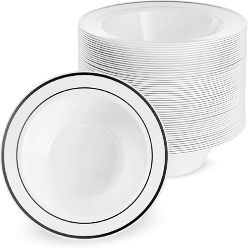 MATANA 50 Weiße Plastikschalen mit Schwarzem Rand, Suppenteller, Suppenschalen (360ml) - Suppenschüssel für Hochzeiten, Geburtstage, Taufen, Weihnachten, Partys - Mehrweg & Stabil
