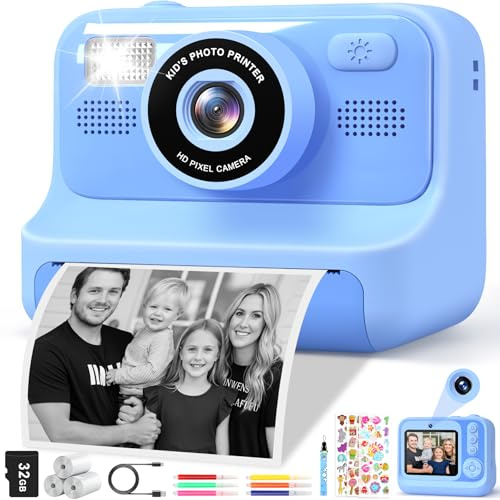 Subtail Appareil Photo Instantané Enfant - 2.4 Écran Appareil Photo Numérique Enfant avec Mode Selfie et Carte 32GB et Papier d'impression - Cadeau Jouet pour Enfant Garçons Filles de 3-12 Ans - Bleu