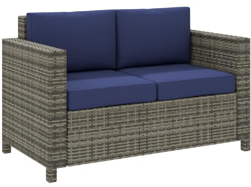 Outsunny 2 Seater Rattan Garden Sofa with Soft Padded Cushion Navy Blue | Garden Furniture, Armrests, Wicker Garden Loveseat, for Patio