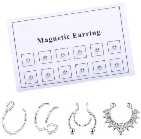 AVYRING Set di Orecchini e Piercing Naso Finti Magnetici, Studs per Naso e Orecchie in Acciaio Inossidabile con Studs Argentati