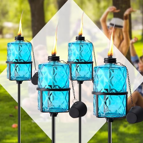 ZSPENG Gartenfackel aus blauem Glas, 340 ml, Gartendekoration, 152,4 cm, verbesserte Citronella-Fackeln mit 3 Zinken, Erdspieß für Party, Terrasse, Weg, 4 Stück