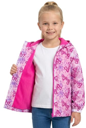 Barbie Girls Raincoat – Waterproof Fleece Lined Hooded Jacket with Zip & Pockets – Pink All Over Logo Print – Kids Sizes 3-4 to 9-10 Years – Rain Jacket for Girls - (4-5 Years)