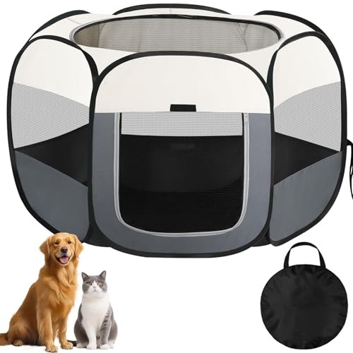 Parc pour Chien, Parc Chiot Pliable Portable, Enclos pour Chat Chien Chiot Petits Animaux Interieur Exterieur, Cage Chaton Tissu Oxford avec Sac de Rangement(Beige White, M（85*85*58cm, 5-8kg pet）, 6)