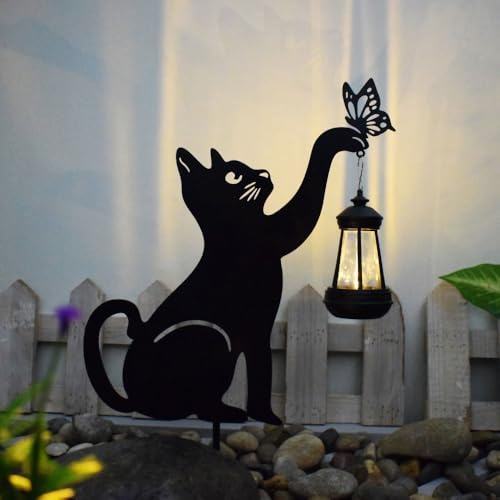 Meiju Mateju Gartenstecker Tier Silhouette aus Metall, LED Solarlampen für Außen Gartendeko für Draußen, Garten Deko Draußen, Rasendekoration Dekorativ Terrasse Balkon Blumentop (Schwarze Katze)