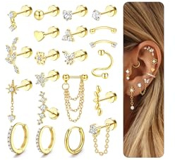 FIOROYAL 21 Piezas Piercing Oreja Acero Quirurgico Pendientes Mujer Chapados en Oro de 14K Pendientes Hipoalergenicos Mujer CZ Aro Pendiente Pequeño Conch Piercing Tragus Helix Cartílago G