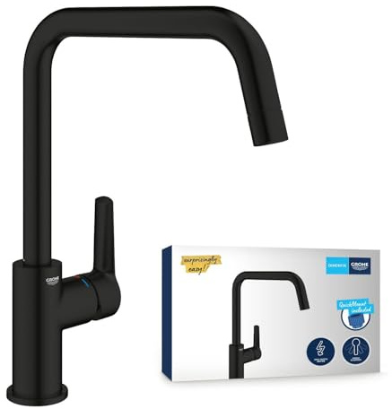 GROHE Start, Niederdruck Küchenarmatur mit hohem Auslauf (Wasserhahn Küche für offene Warmwasserbereiter, 150° schwenkbar, wassersparend, werkzeugfreie Spülbecken-Montage), mattschwarz, 1012422430