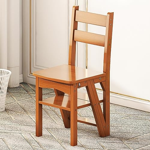 Aioneer Wooden Folding Library Ladder Chair, 4 Step Solid Wood Folding Ladder Chair, Protable Wooden Step Stool, For Adults Office Home Kitchen Outdoor-Log Color