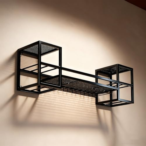 ZYYLIVR Botellero De Pared con Portavasos,botellero Vino Industrial,Hierro Soporte Flotante para Exhibición De Vino con Portavasos,para El Hogar,Restaurante,Bares,vinoteca(1-Layers-Black)