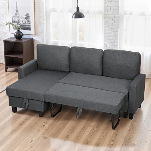 HOMCOM Corner Sofa Bed with Storage L-Shaped Sectional Couch Charcoal Grey | Sleeper Couch, Reversible Chaise, Linen Fabric, 3 Seater Pull Out Sofa Bed, Living Room