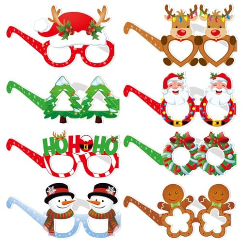 Ovanda Weihnachtsbrillen, 8 Stück Partybrillen Set Kreative Weihnachten Brillen Party Gläser Cartoon Nette Sortierte Kinder Partybrillen Lustige Brille für Partydekoration, Papiergläser, die Kinder