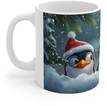 Teecustom Tasse Pingouins de Noël – Mug Hiver Mignon 325 ml – Trois Pingouins avec Bonnet de Santa – Cadeau Festif et Adorable