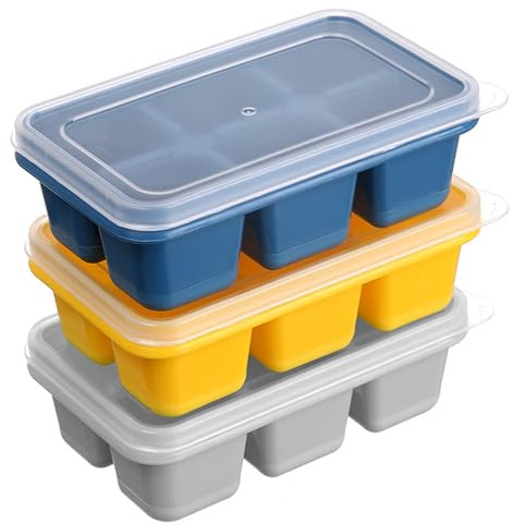 LEOUEANR 3pcs Ice Cube Trays with Lid, PP Large Square Soft Base Easy-Release Stackable Moulds for Home Freezer Use (Blue Grey Yellow)