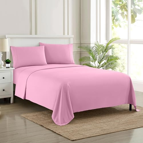 Sweet Home Collection Luxury Bedding Set with Flat, Fitted Sheet, 2 Pillow Cases, Microfiber, Pink, King