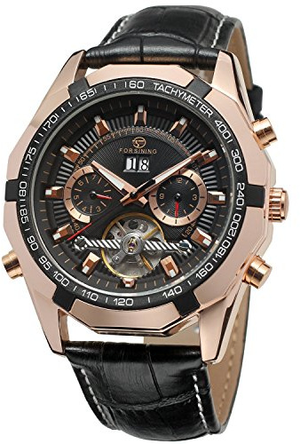 Forsining Men's Automatic Self-Winding Calendar Day Tourbillon Leather Strap Wrist Watch FSG340M3T3
