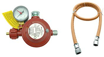 GOK Druckminderer Set, Gasregler 50 mbar mit Manometer, Durchfluss 1,5 kg/h mit Gasschlauch 1 m G 1/4'' Linksgewinde, für Propan/Butan, DIN EN 16129, CE, winterfest bis -30 °C