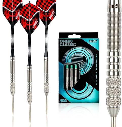 ONE80 90% VHD Stahlspitze Wolfram Dartpfeil, professioneller Fassstil mit extra Flights, Schäften und Spitzer, Geschenk-Box-Verpackung
