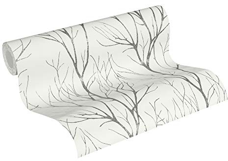 A.S. Création Blooming Vliestapete 10,05 m x 0,53 m mit glänzendem Baummotiv - Grau, Schwarz, Weiß - Wald-Motivtapete im Metallic-Look Made in Germany - 372604