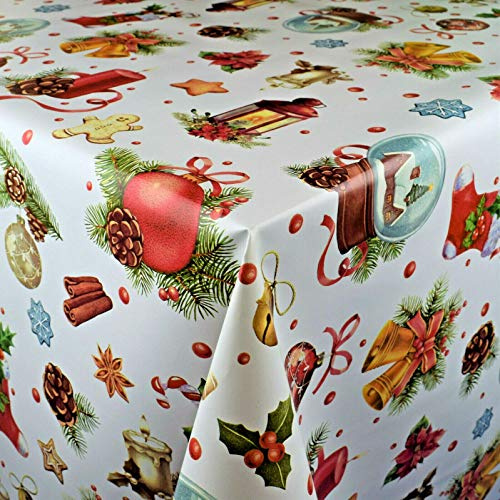 KEVKUS Wachstuch Tischdecke Meterware K18A Weihnachten Weihnachtsschmuck weiß wählbar in eckig rund oval (Rand: Schnittkante (ohne Einfassung), 120 x 160 cm oval)