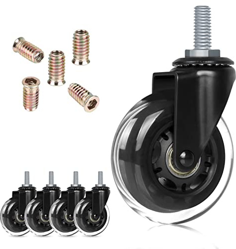 Hirate Ruedas de silla de oficina de 7.6 cm con vástago roscado de 5/40.6 cm-18UNC, sillas de juego duraderas, ruedas de repuesto seguras para suelos de baldosas de madera dura, juego de 5 con