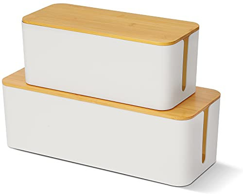 Cable Tidy Box Set of 2 Storage Box Larger & Smaller Cable Organizer Box with Bamboo Lid for Hiding Messy Wire Management 16x 6.2x 5.4 and 12.6x 5.3x 5.1