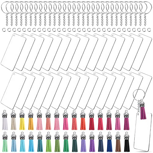 Duufin 120 Stücke Acryl Schlüsselanhänger Set mit Leder Quasten Anhänger Acryl Rechteck Rohlinge Schlüsselringe mit Kette und Biegeringe, Transparent Acryl Schlüsselbund Rohlinge Bunte Quasten Set