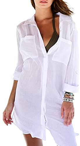 Femme Chemise de Plage Col V Profond Cache-Maillots Robe de Plage Eté Paréo pour Maillot de Bain Bikini Cover Up Sexy (Blanc)
